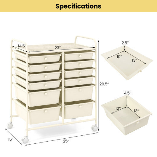 Costway 12-Drawer Rolling Storage Cart with Removable Drawers and Lockable Wheels-Beige