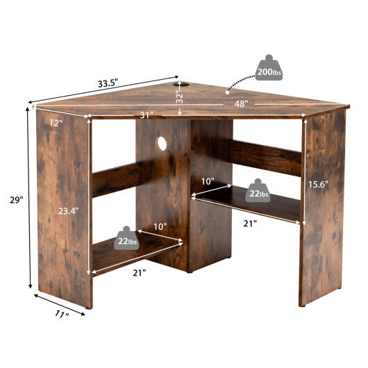 Costway Corner Computer Desk Triangle Writing Workstation with Storage Shelf-Rustic Brown