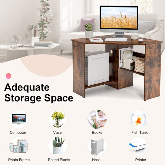 Costway Corner Computer Desk Triangle Writing Workstation with Storage Shelf-Rustic Brown