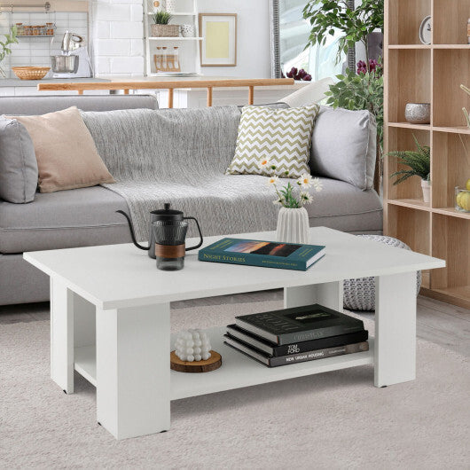 Costway Large 36 Inch 2-Tier Wooden Modern Coffee Table with Storage Shelf-White