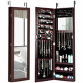 Costway Full Length Mirror Jewelry Cabinet with Ring Slots and Necklace Hooks-Dark Brown