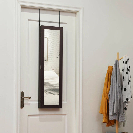 Costway Full Length Mirror Jewelry Cabinet with Ring Slots and Necklace Hooks-Dark Brown