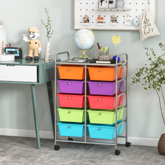 Costway 10-Drawer Rolling Storage Cart-Deep Multicolor