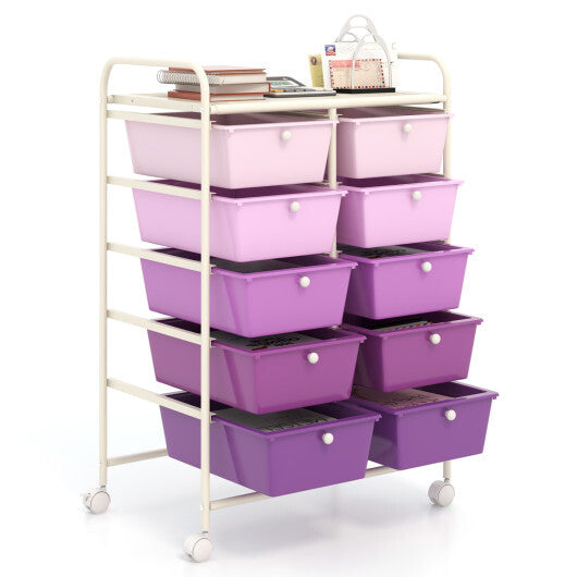 Costway 10-Drawer Rolling Storage Cart-Purple
