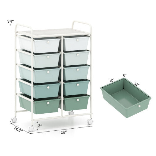 Costway 10-Drawer Rolling Storage Cart-Light Green