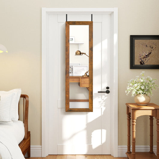 Costway Full Length Mirror Jewelry Cabinet with Ring Slots and Necklace Hooks-Rustic Brown