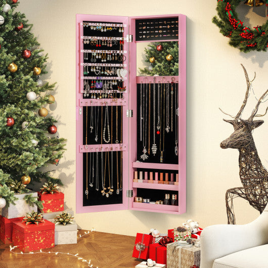 Costway Jewelry Cabinet Wall or Door Mounted Jewelry Armoire Modern Hanging Jewelry Organizer-Pink
