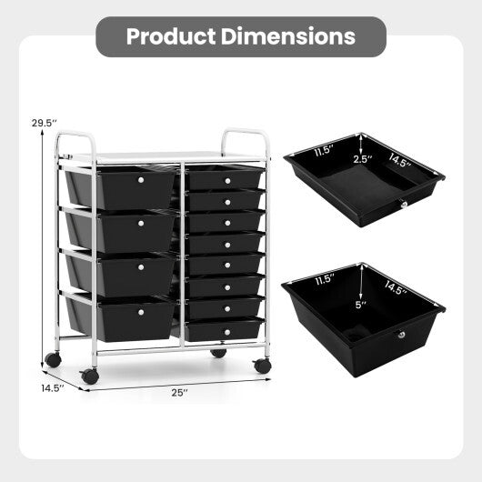 12-Drawer Utility Rolling Cart with Drawers Multi-Use Storage-Black