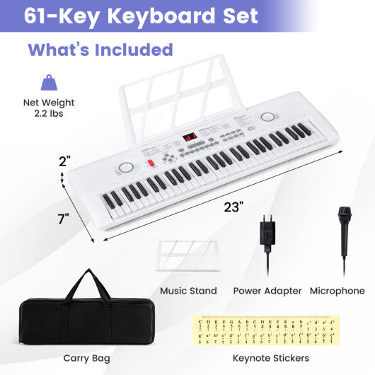 Costway 61 Key Electric Portable Digital Keyboard Piano for Beginner-White