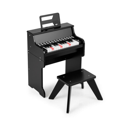 Costway 25 Keys Kids Piano Keyboard with Stool Mini Digital Piano Wooden Toy with Adjustable Speed and Volume-Black