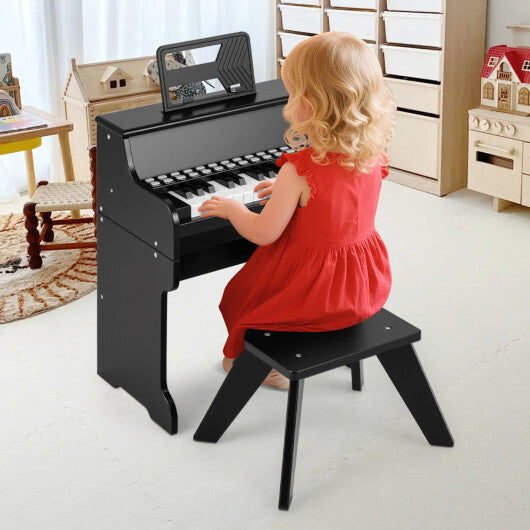 Costway 25 Keys Kids Piano Keyboard with Stool Mini Digital Piano Wooden Toy with Adjustable Speed and Volume-Black