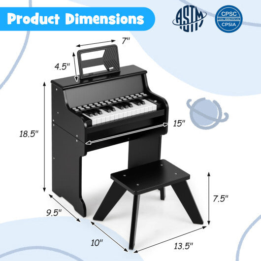 Costway 25 Keys Kids Piano Keyboard with Stool Mini Digital Piano Wooden Toy with Adjustable Speed and Volume-Black