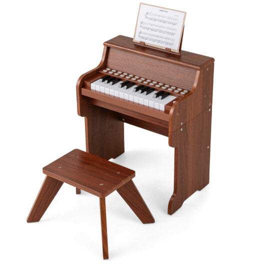 Costway 25 Keys Kids Piano Keyboard with Stool Mini Digital Piano Wooden Toy with Adjustable Speed and Volume-Brown
