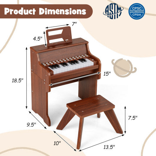 Costway 25 Keys Kids Piano Keyboard with Stool Mini Digital Piano Wooden Toy with Adjustable Speed and Volume-Brown