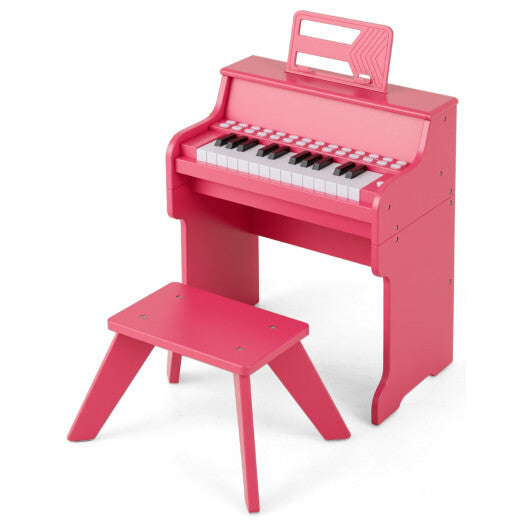 Costway 25 Keys Kids Piano Keyboard with Stool Mini Digital Piano Wooden Toy with Adjustable Speed and Volume-Pink