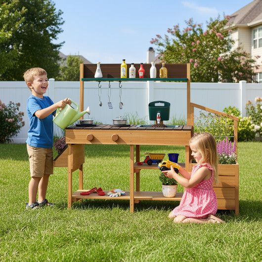 Costway Play Kitchen for Kids Wooden Toy Kitchen Playset Pretend Mud Kitchen-Brown