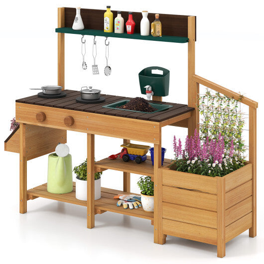 Costway Play Kitchen for Kids Wooden Toy Kitchen Playset Pretend Mud Kitchen-Brown