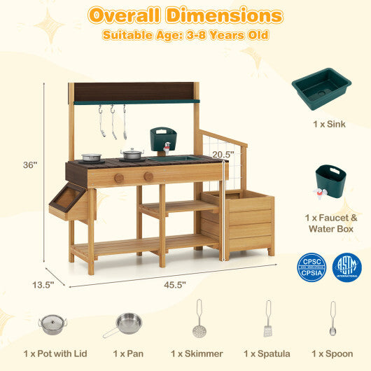 Costway Play Kitchen for Kids Wooden Toy Kitchen Playset Pretend Mud Kitchen-Brown