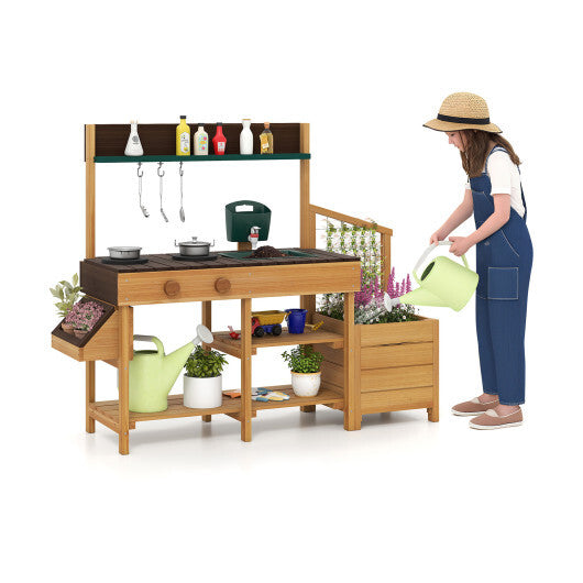 Costway Play Kitchen for Kids Wooden Toy Kitchen Playset Pretend Mud Kitchen-Brown