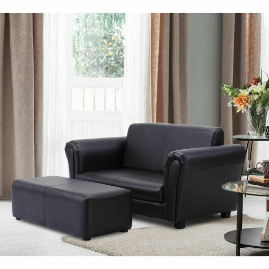 Costway Black/White Kids Double Sofa with Ottoman-Black