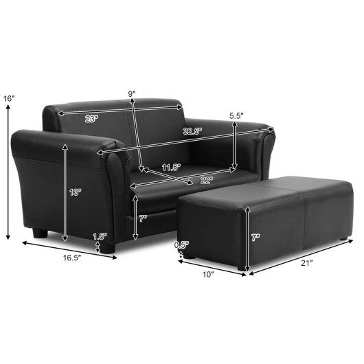 Costway Black/White Kids Double Sofa with Ottoman-Black