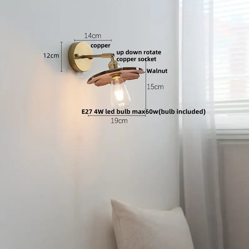 Walnut and brass wall sconce with pull chain switch bedroom light