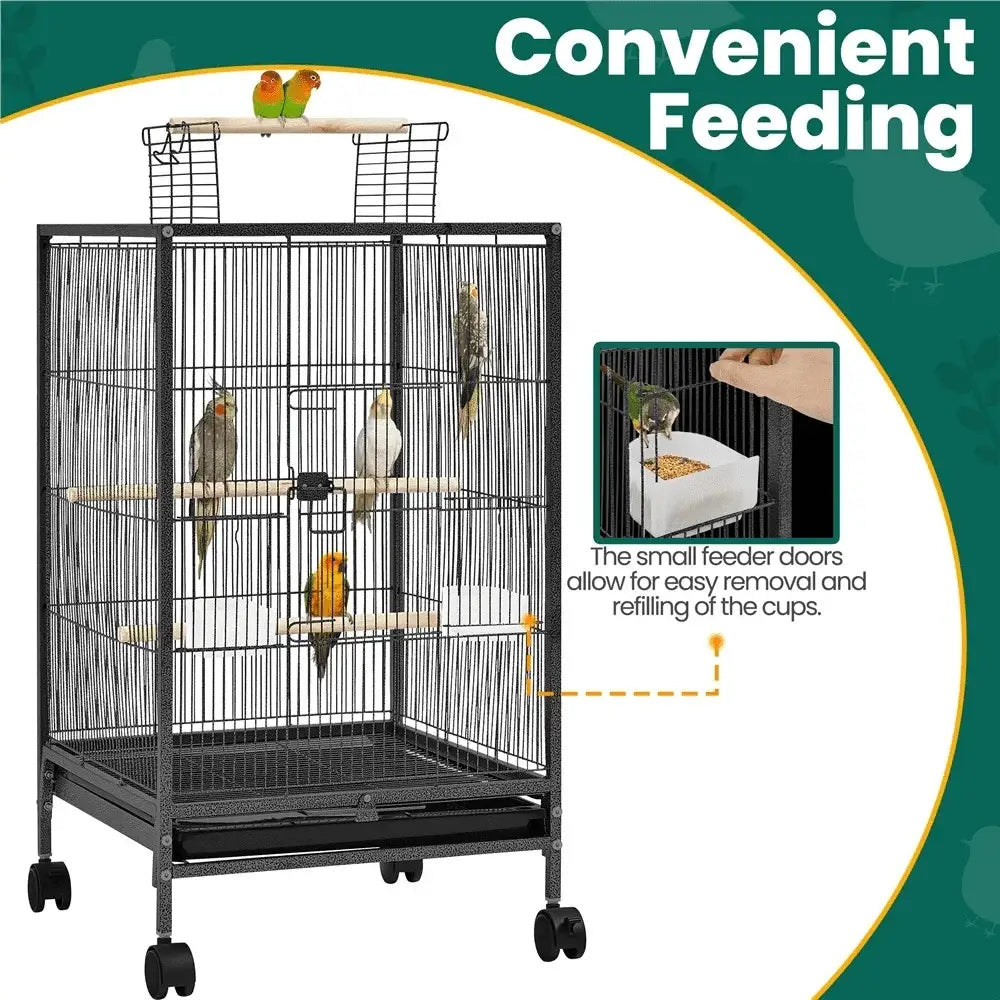 Black metal wheeled bird cage with wooden perches for living room