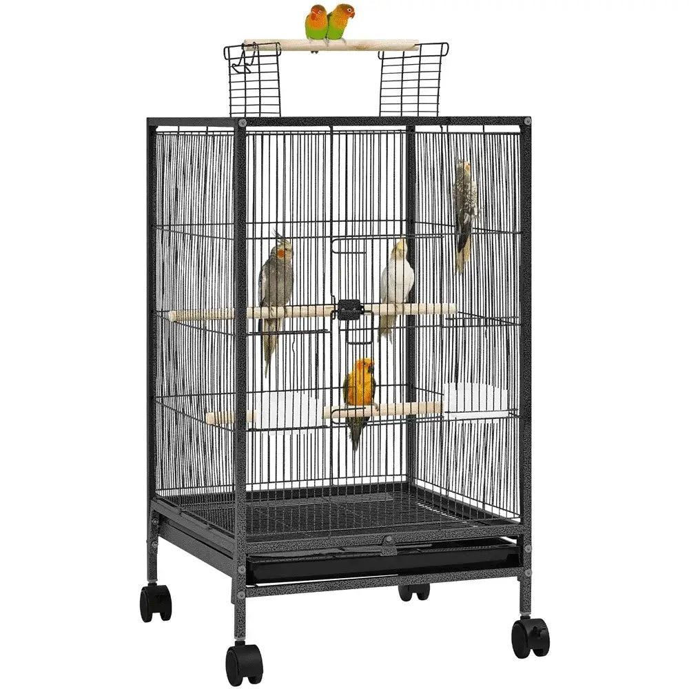Black metal wheeled bird cage with wooden perches for living room