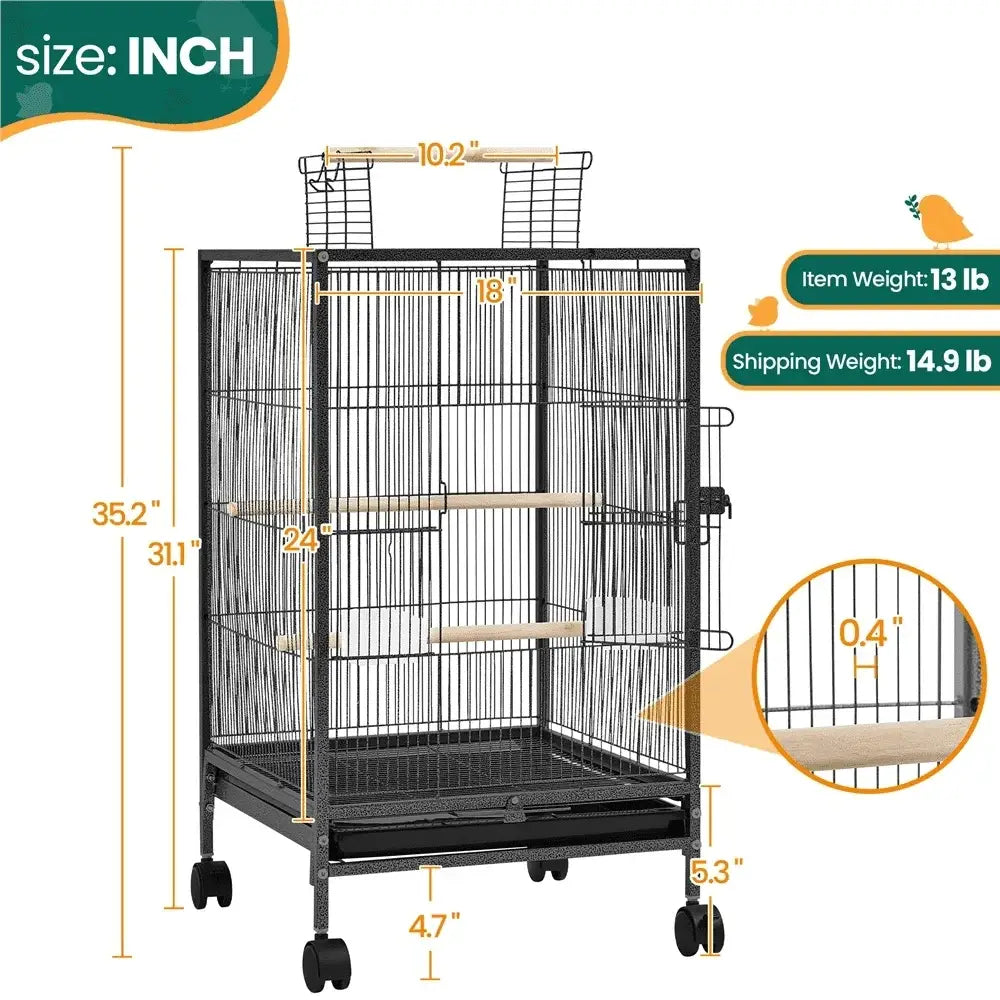 Black metal wheeled bird cage with wooden perches for living room