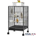 Black metal wheeled bird cage with wooden perches for living room