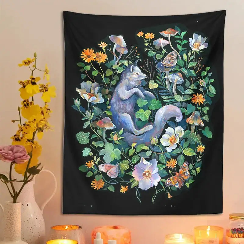 DecorBites™ Botanical Floral Garden Tapestry Wall Hanging Fox Wildflower Hippie Psychedelic Home Decor