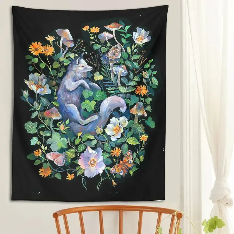 DecorBites™ Botanical Floral Garden Tapestry Wall Hanging Fox Wildflower Hippie Psychedelic Home Decor