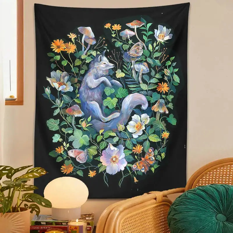 DecorBites™ Botanical Floral Garden Tapestry Wall Hanging Fox Wildflower Hippie Psychedelic Home Decor