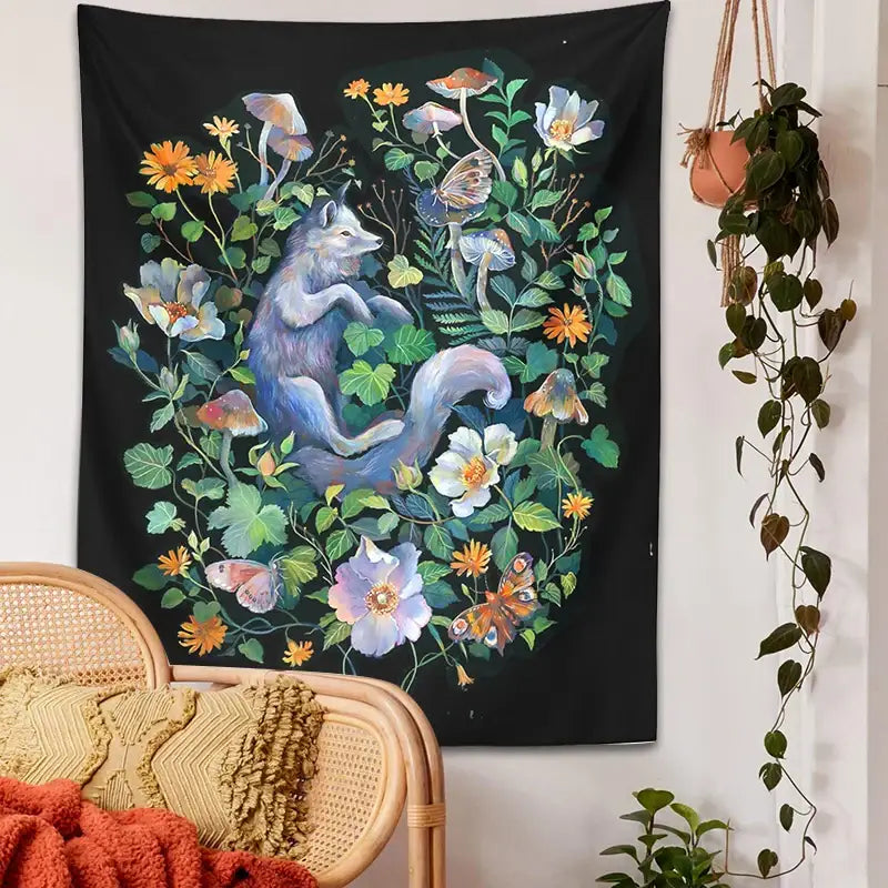 DecorBites™ Botanical Floral Garden Tapestry Wall Hanging Fox Wildflower Hippie Psychedelic Home Decor
