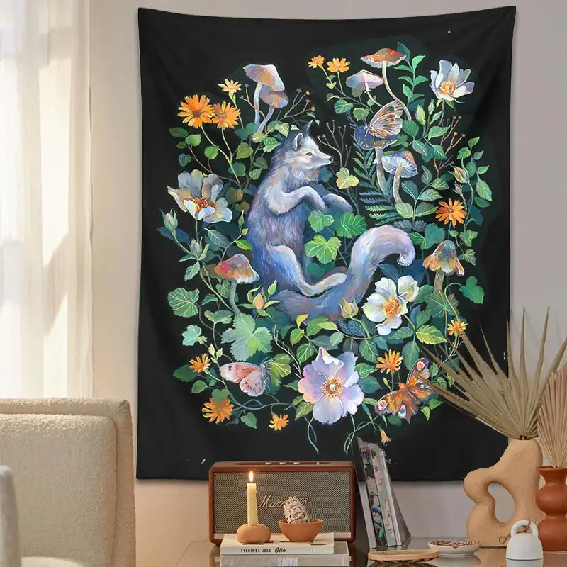 DecorBites™ Botanical Floral Garden Tapestry Wall Hanging Fox Wildflower Hippie Psychedelic Home Decor
