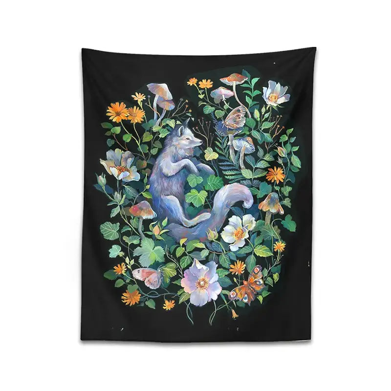 DecorBites™ Botanical Floral Garden Tapestry Wall Hanging Fox Wildflower Hippie Psychedelic Home Decor
