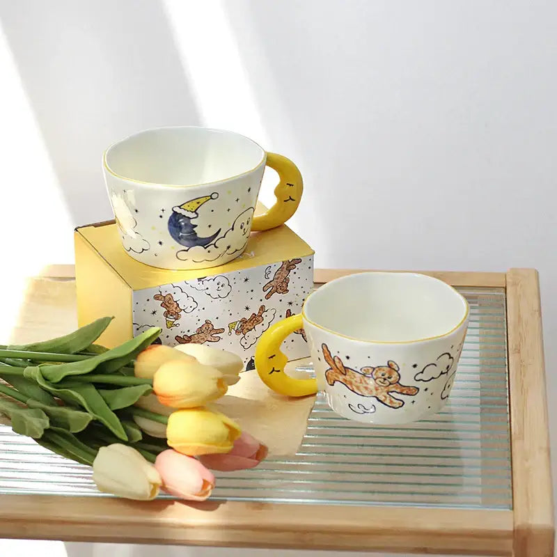 DecorBites™ Bear Moon Ceramic Mug: Cute Hand Painted Coffee Cup for Kitchen Drinkware
