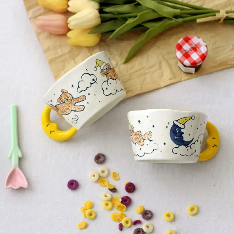DecorBites™ Bear Moon Ceramic Mug: Cute Hand Painted Coffee Cup for Kitchen Drinkware