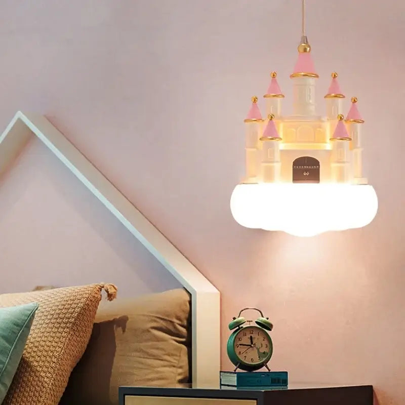 Whimsical pink & white castle kids chandelier led bedroom light
