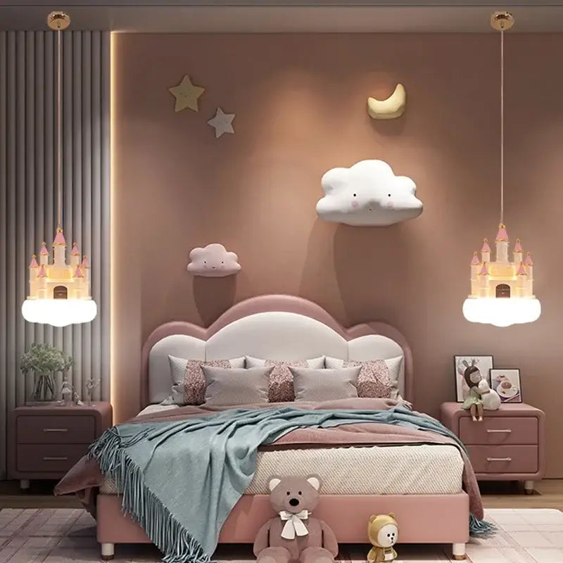 Whimsical pink & white castle kids chandelier led bedroom light
