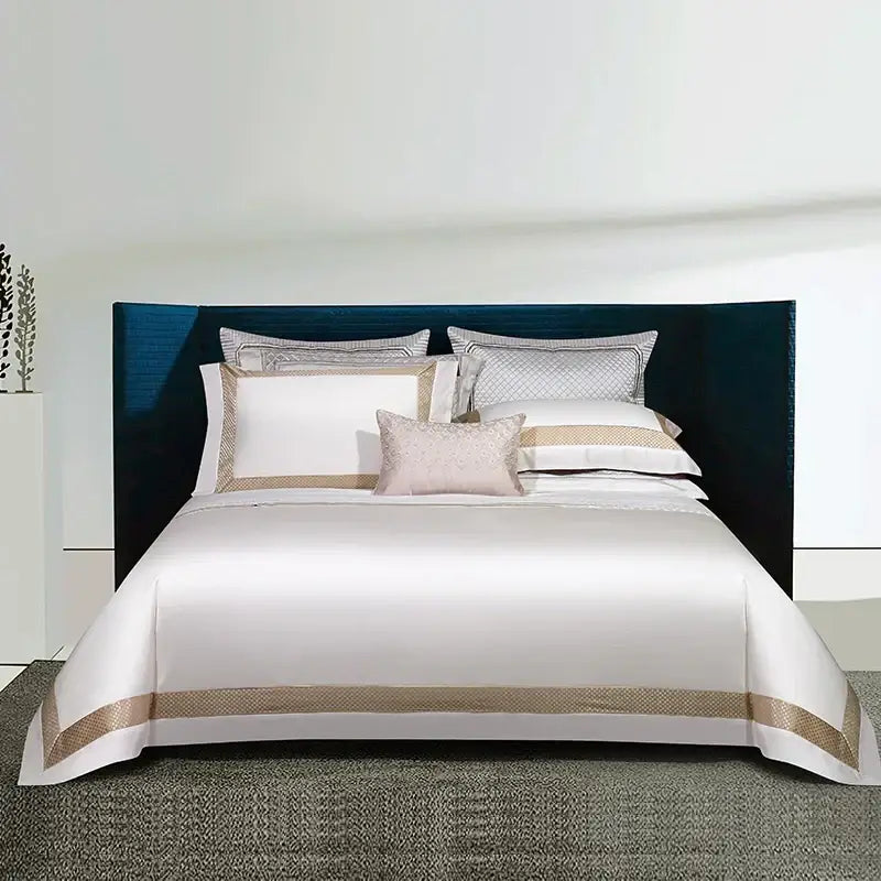 DecorBites™ 1000TC Egyptian Cotton Luxury Bedding Set with Gold Embroidery - Solid Color