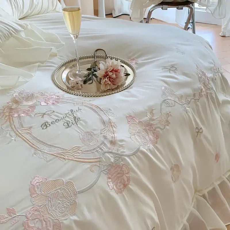 DecorBites™ 4Pcs Flowers Embroidery Princess Queen Bedding Set with Lace Ruffles