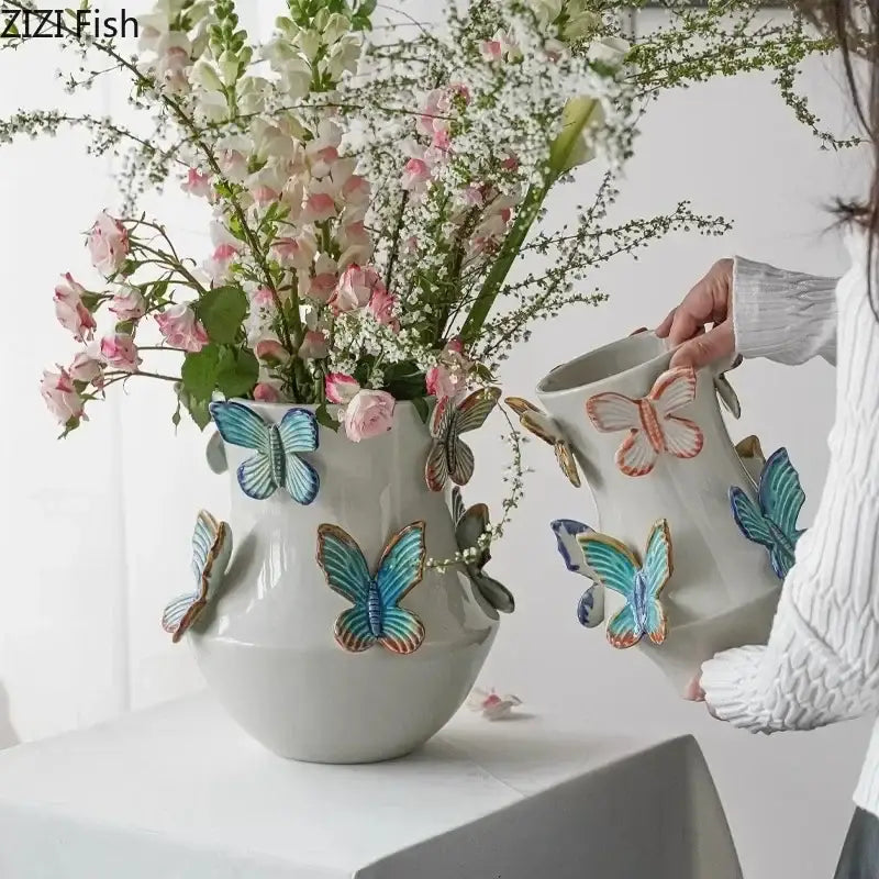 White butterfly ceramic vase living room floral decor
