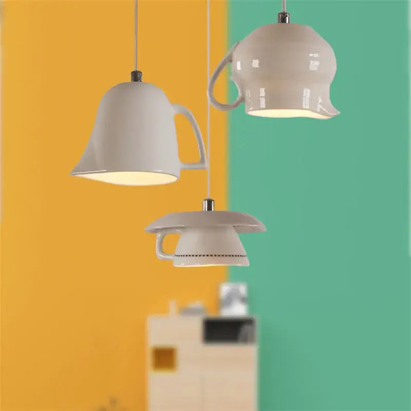 White ceramic teapot and mug pendant lights for kitchen dining room