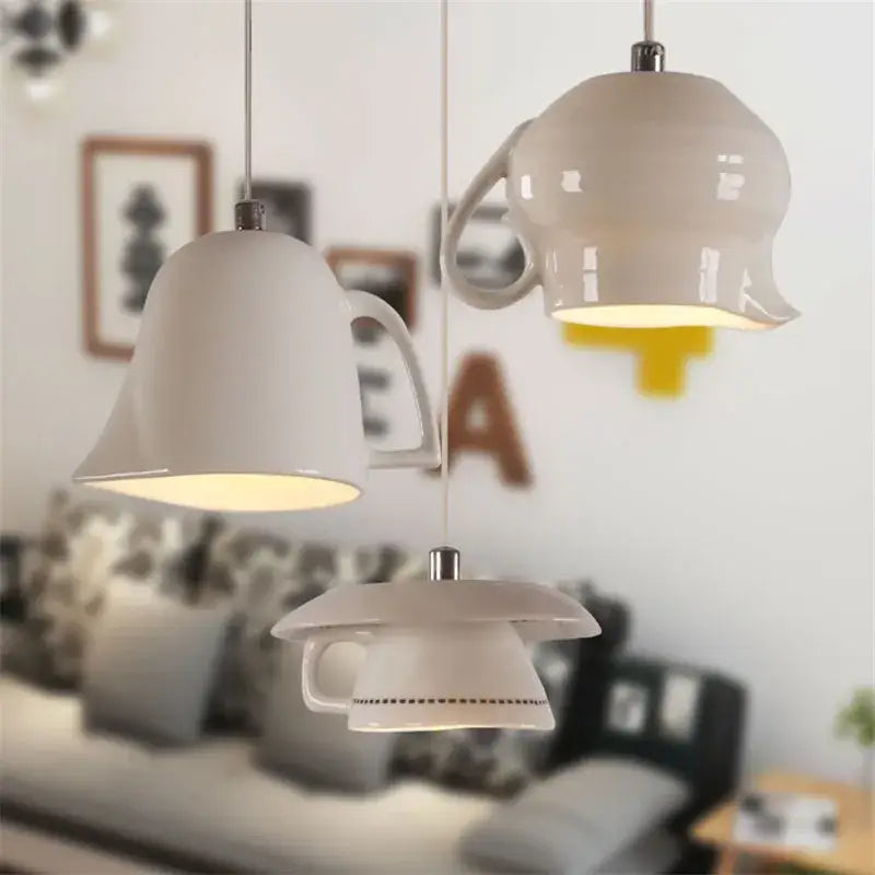 White ceramic teapot and mug pendant lights for kitchen dining room