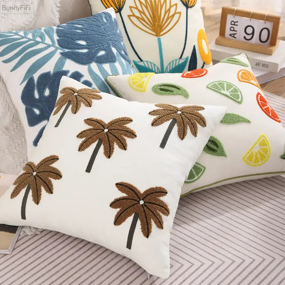 White embroidered cactus lemon pillow case living room decor