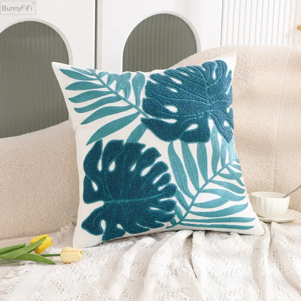 White embroidered cactus lemon pillow case living room decor
