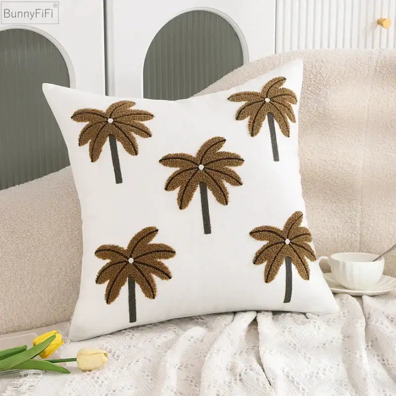 White embroidered cactus lemon pillow case living room decor