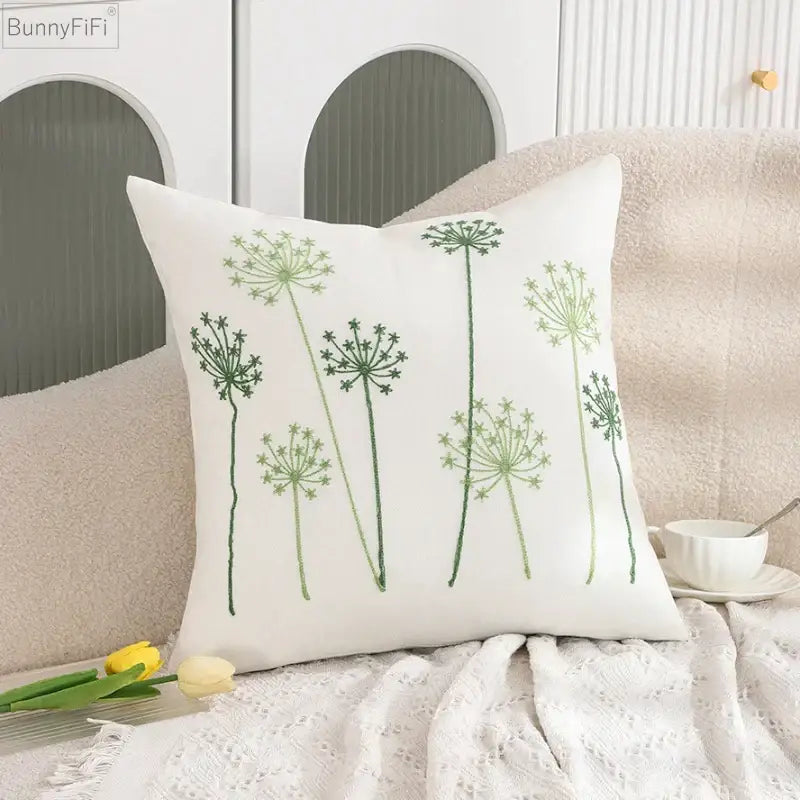 White embroidered cactus lemon pillow case living room decor
