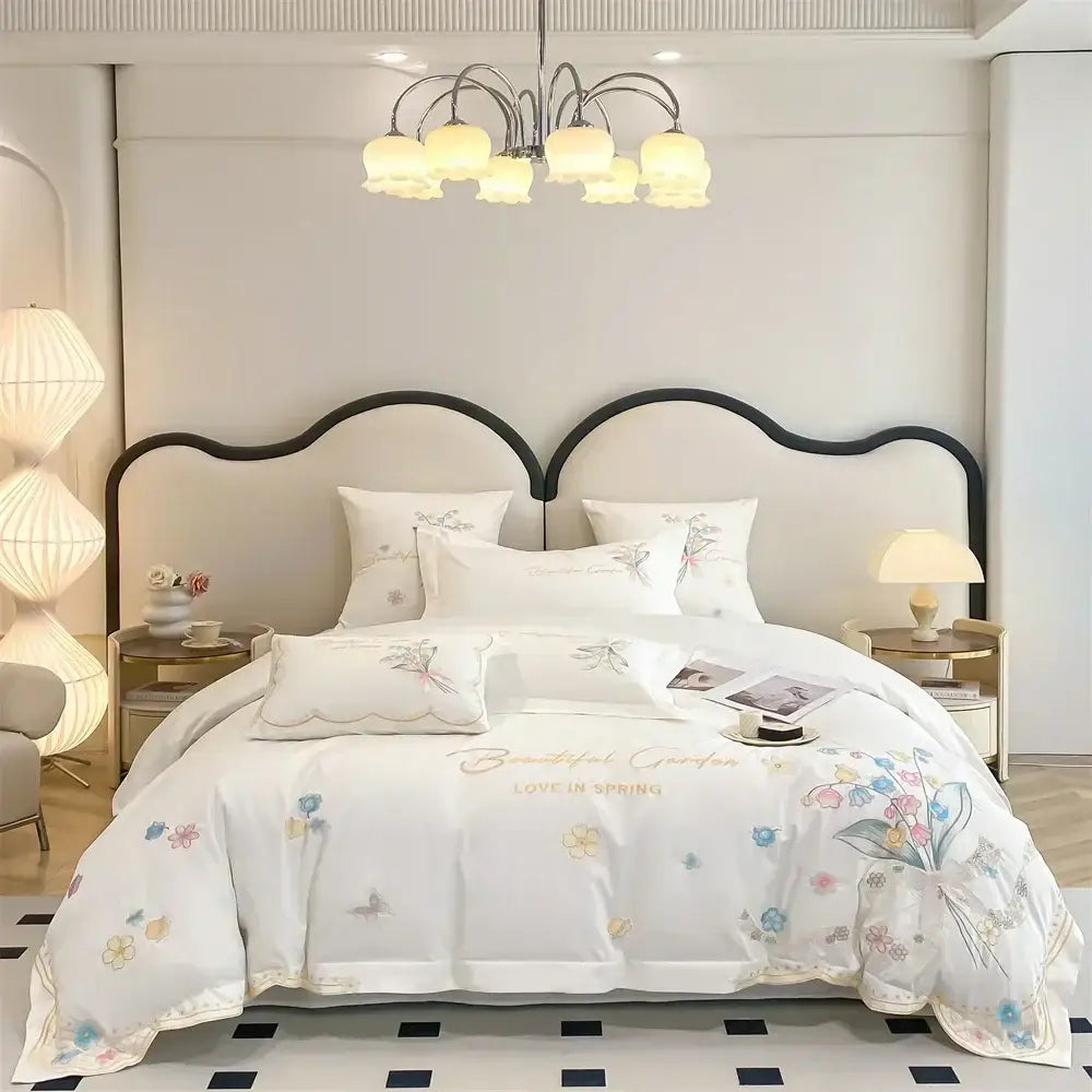 White floral butterfly flowers embroidery bedding set bedroom